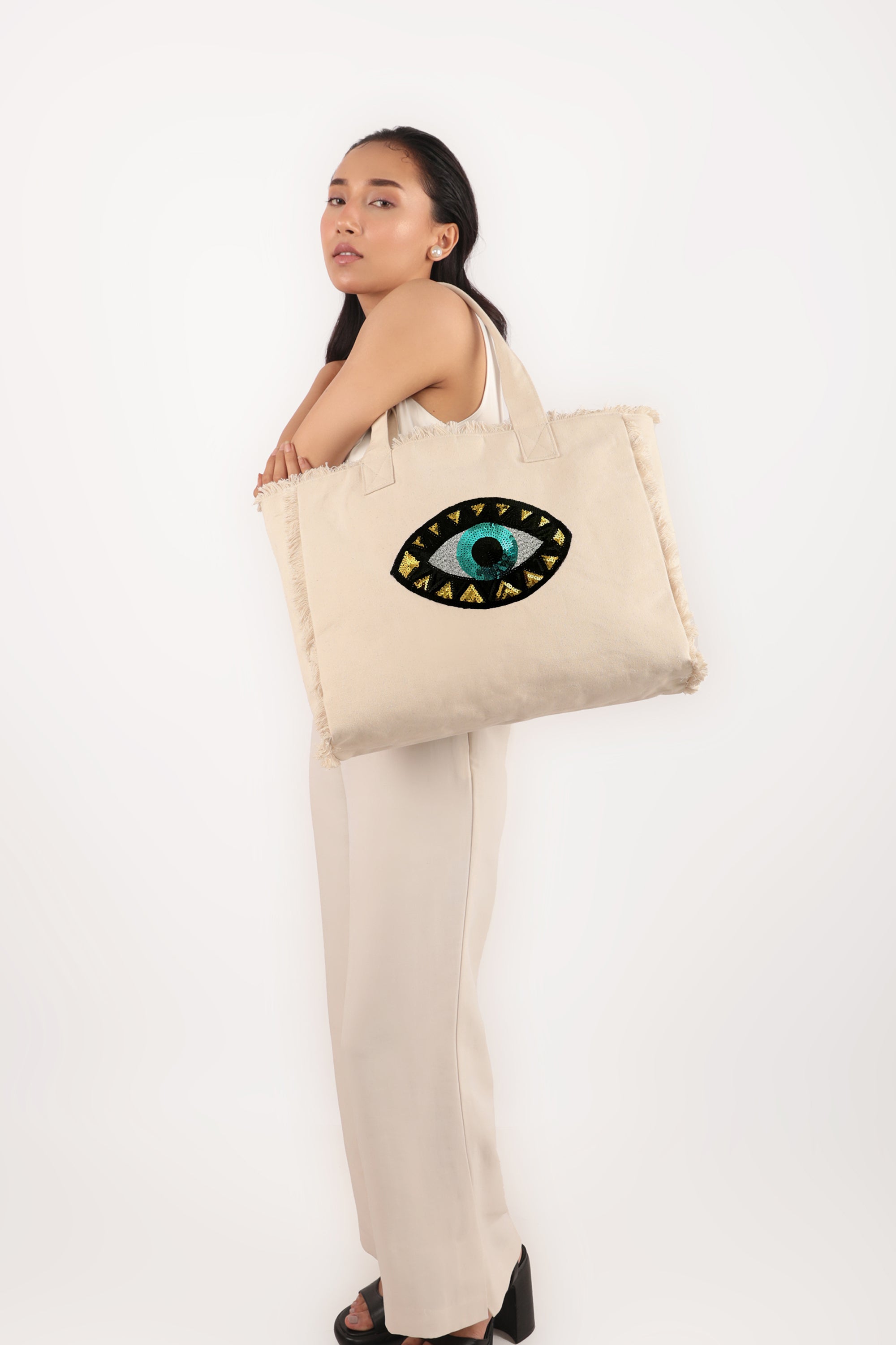 Evil Eye Fringe Tote Bag Natural