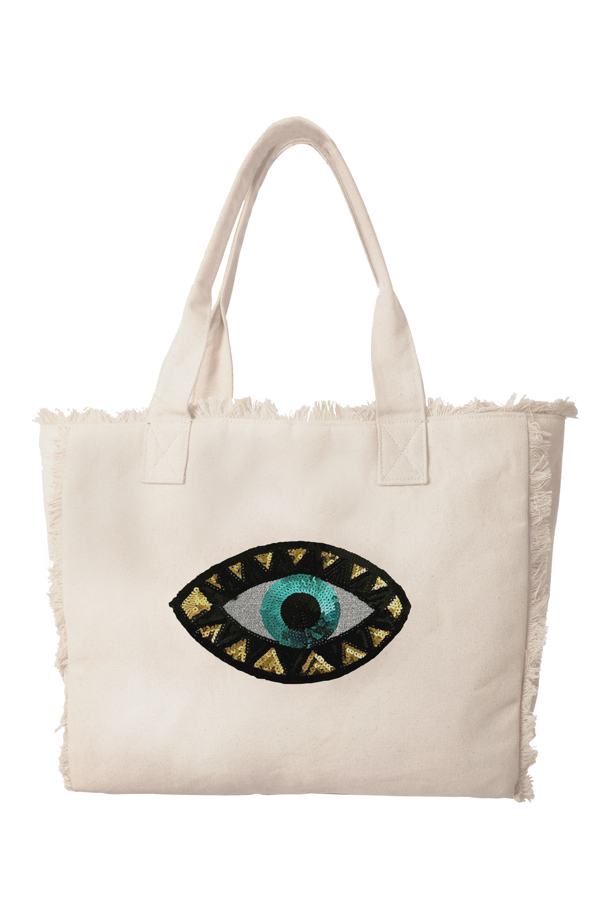 Evil Eye Fringe Tote Bag Natural