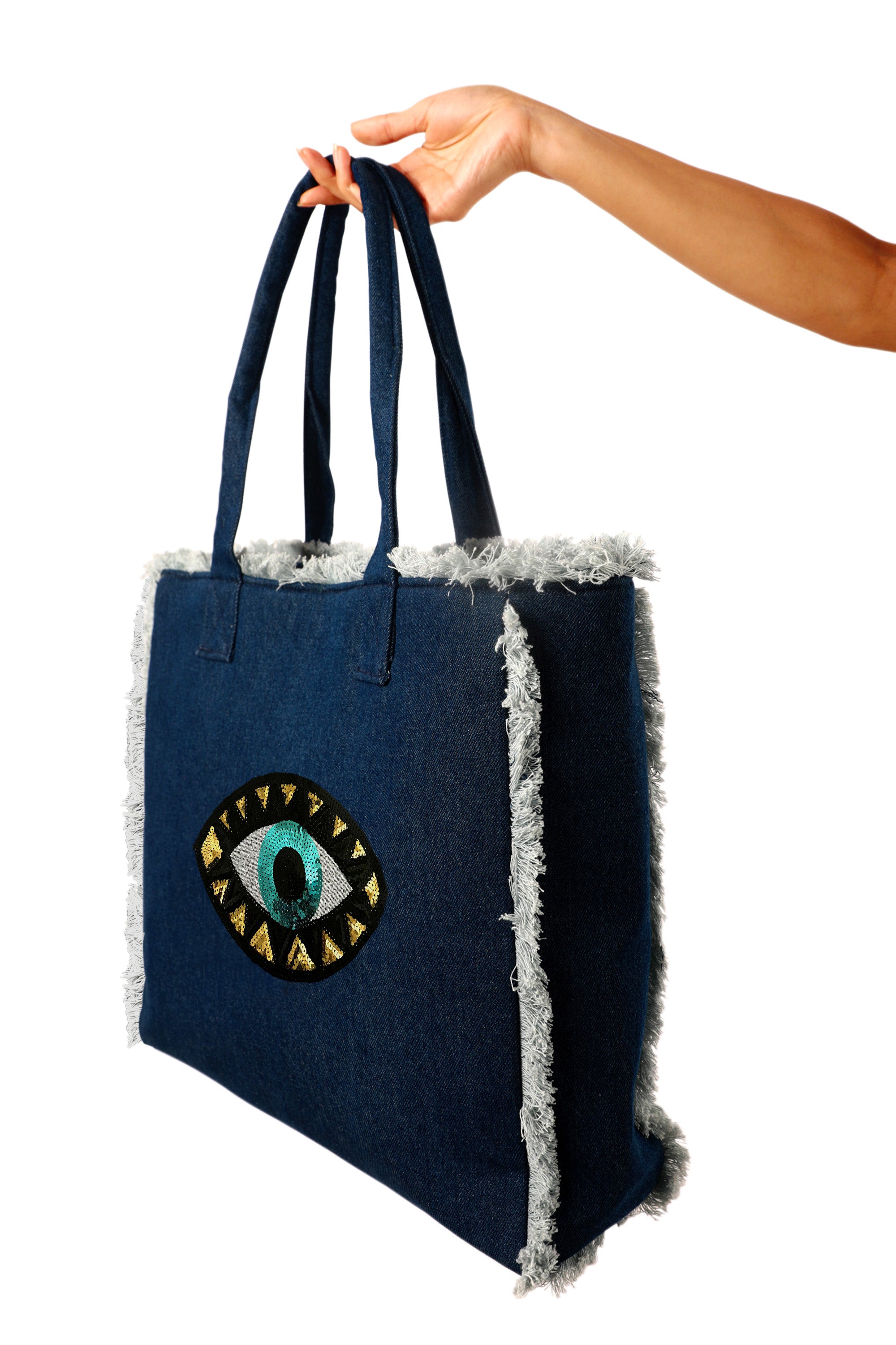 Evil Eye Fringe Tote Bag Denim
