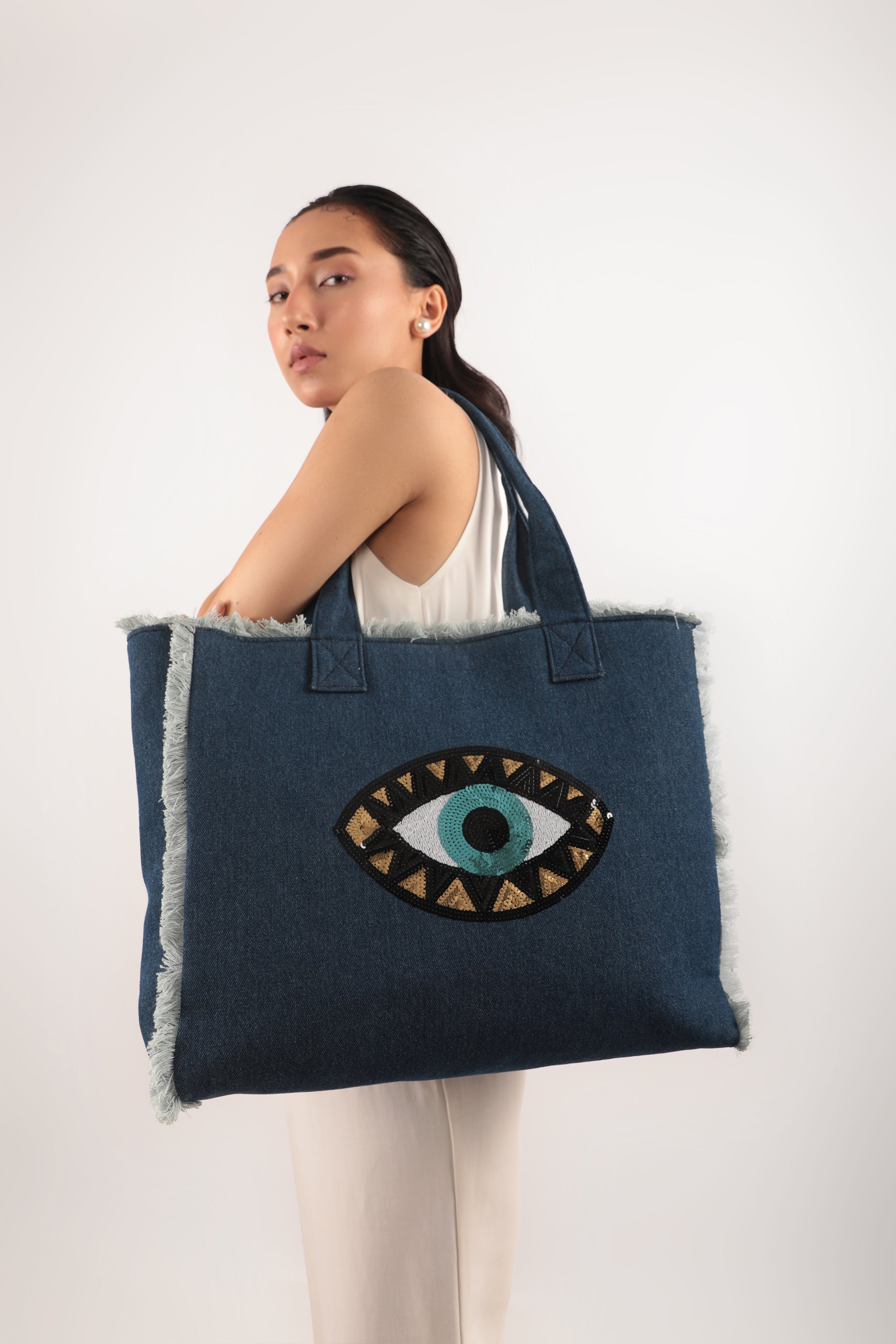 Evil Eye Fringe Tote Bag Denim