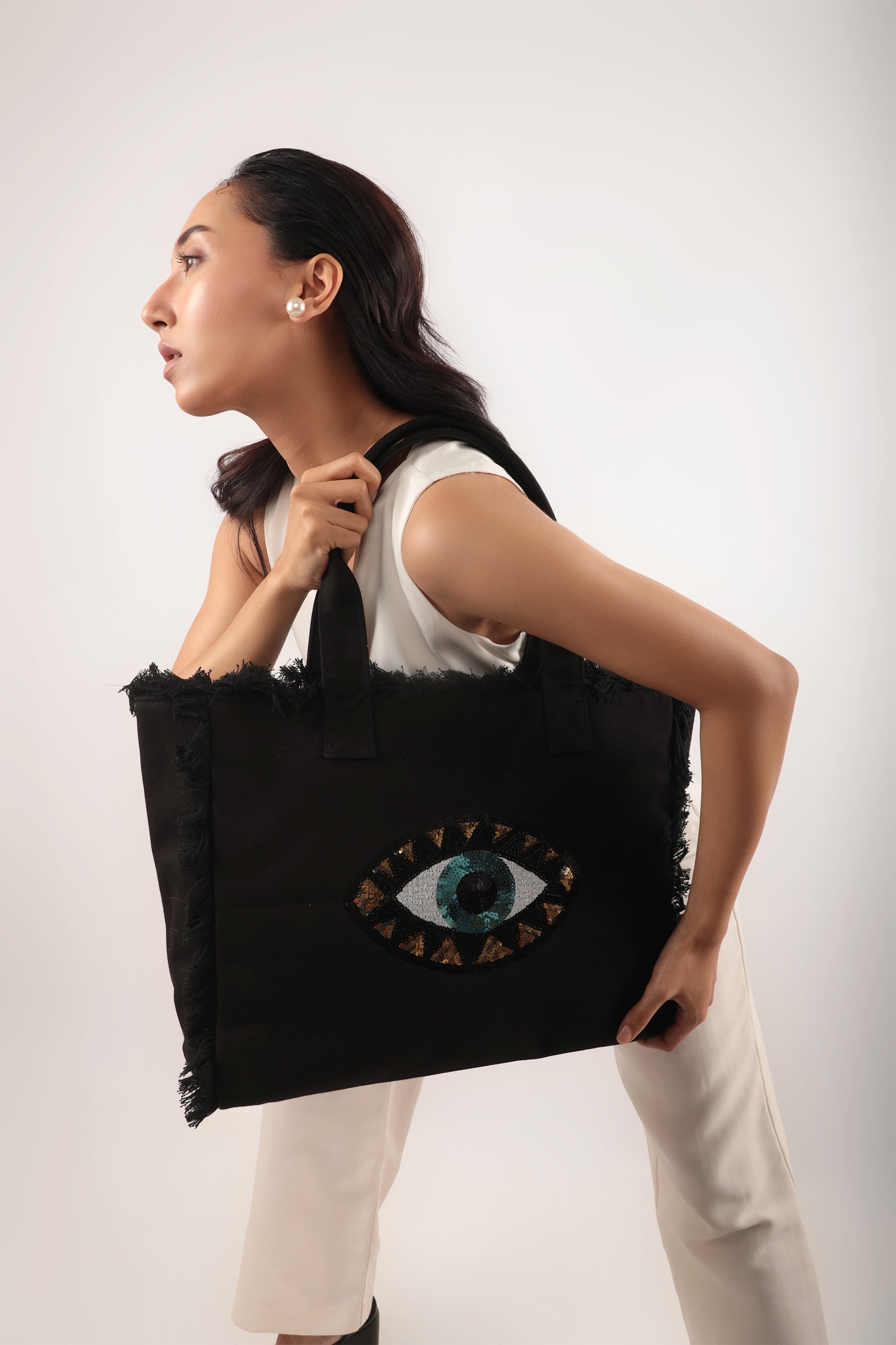 Evil Eye Fringe Tote Bag Black