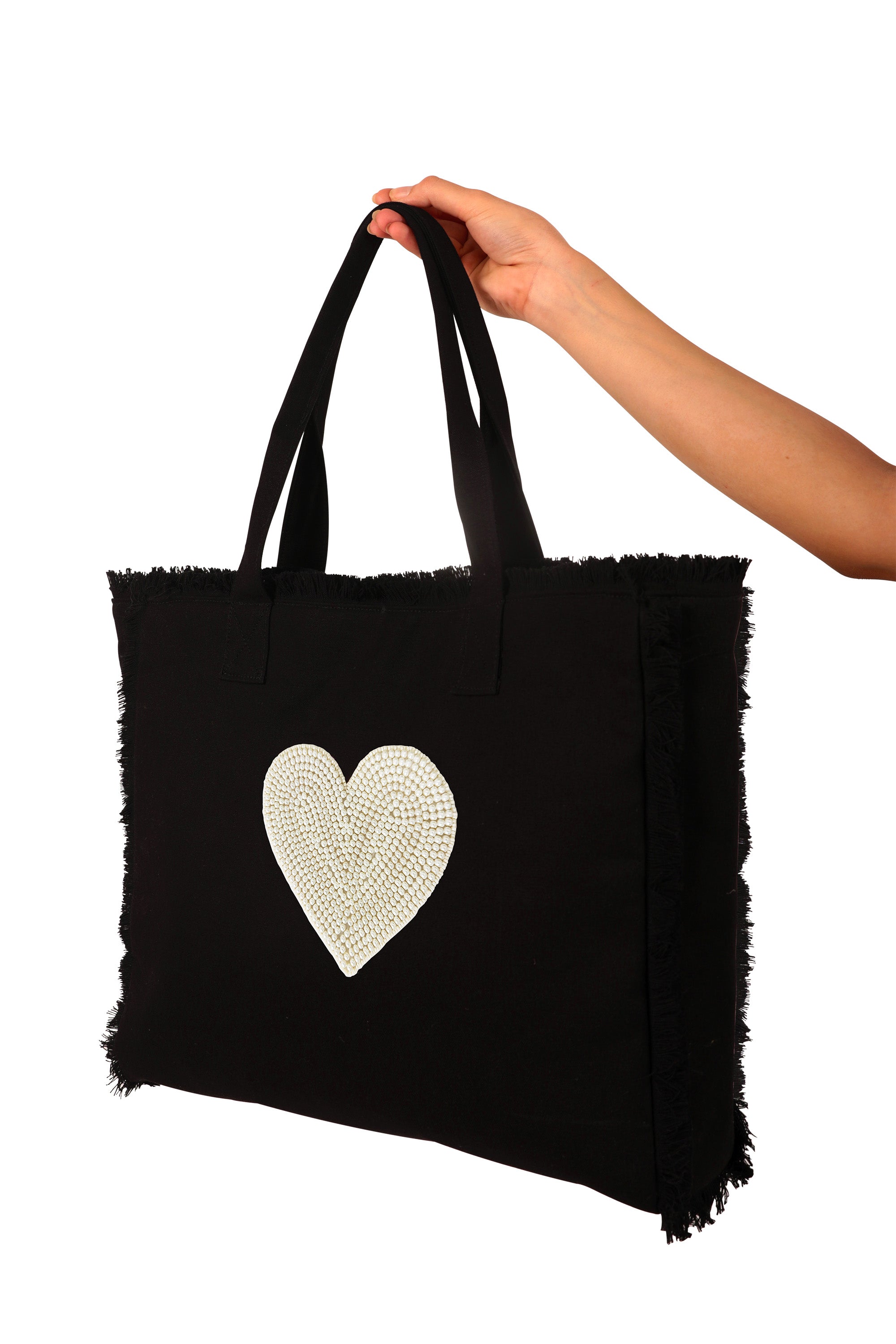 Amor Pearl Fringe Tote Bag Black