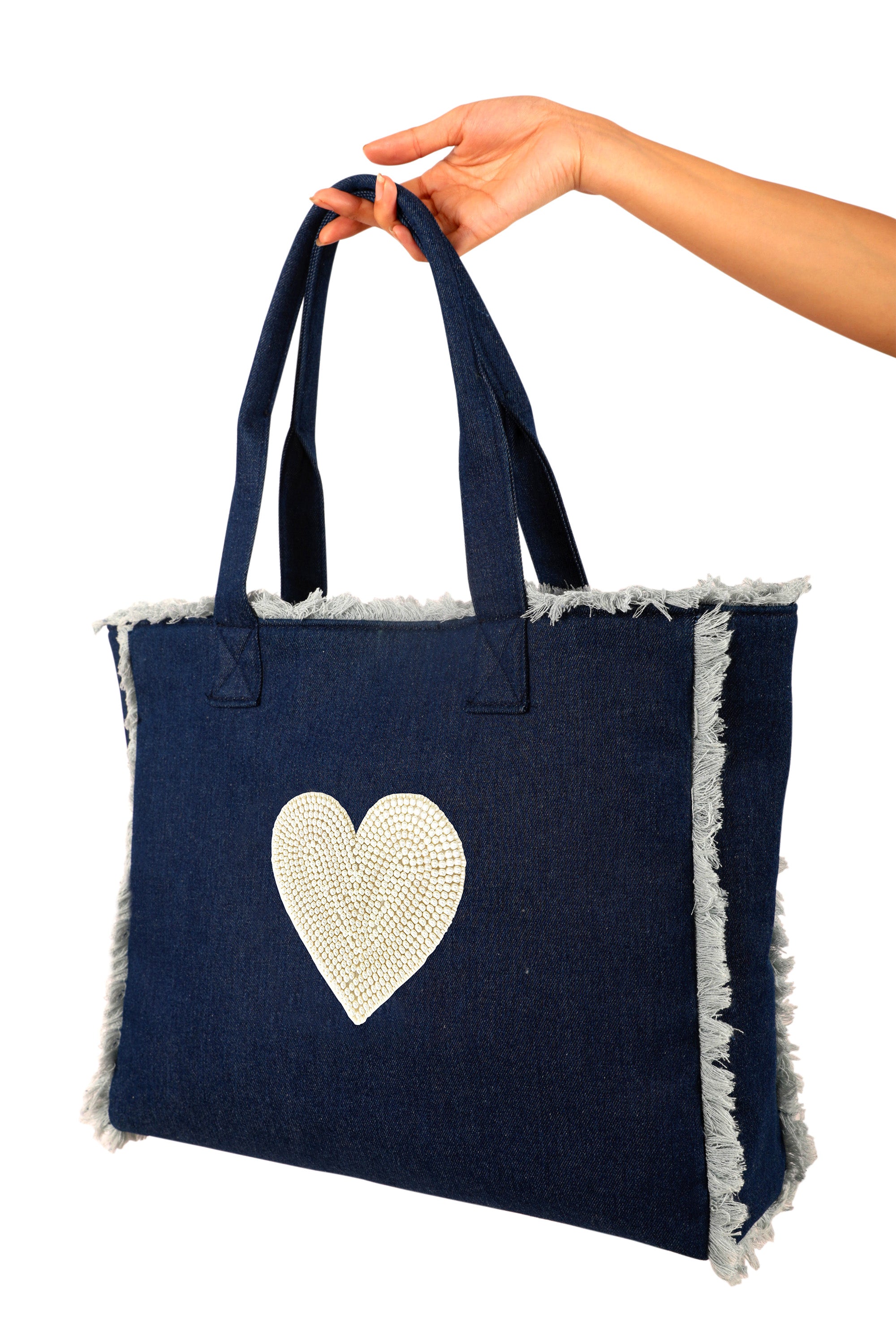 Amor Pearl Fringe Tote Bag Denim